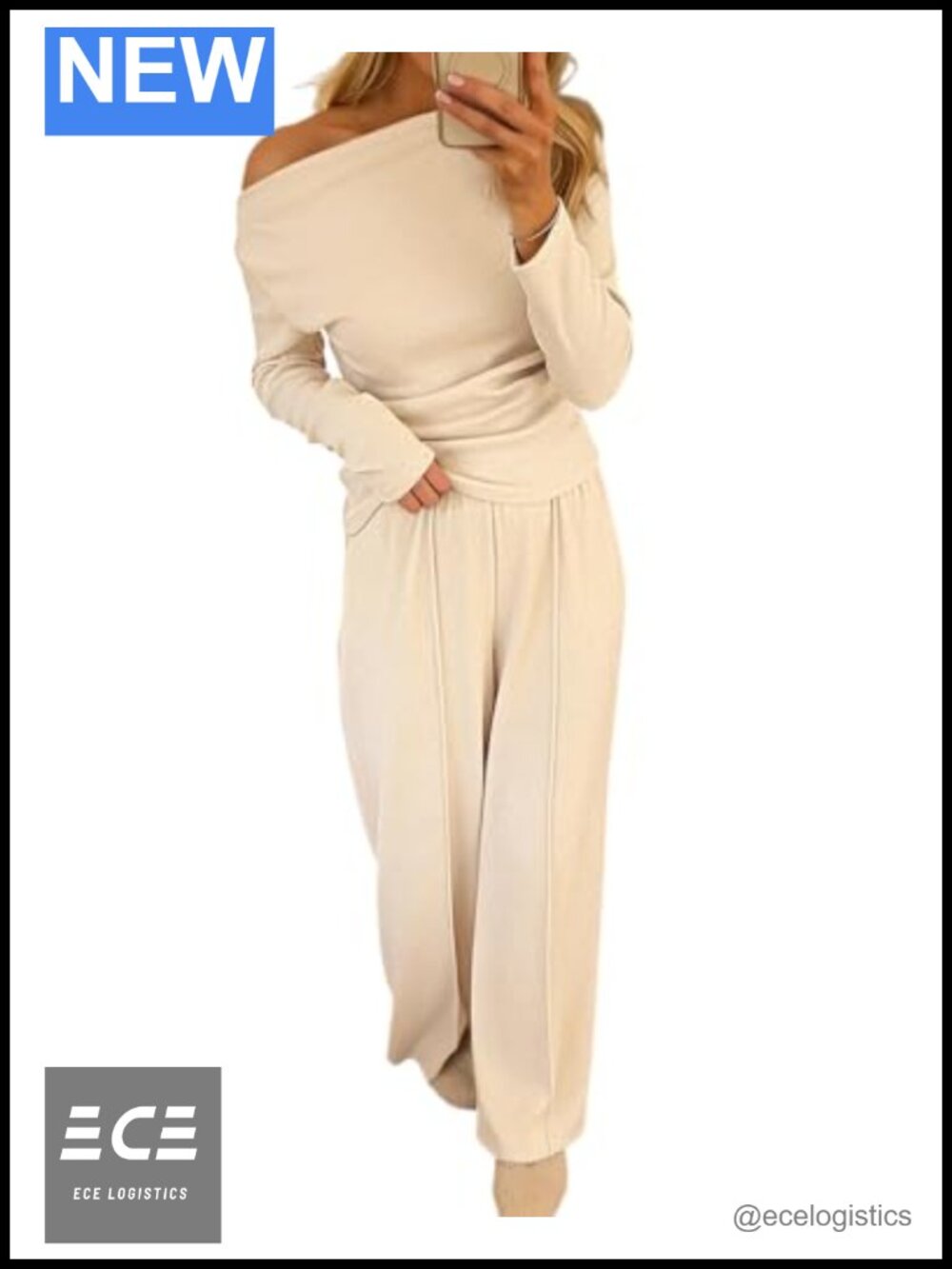 2 Piece Ribbed Knit Lounge Set Off Shoulder Wide Leg Pants Casual Travel